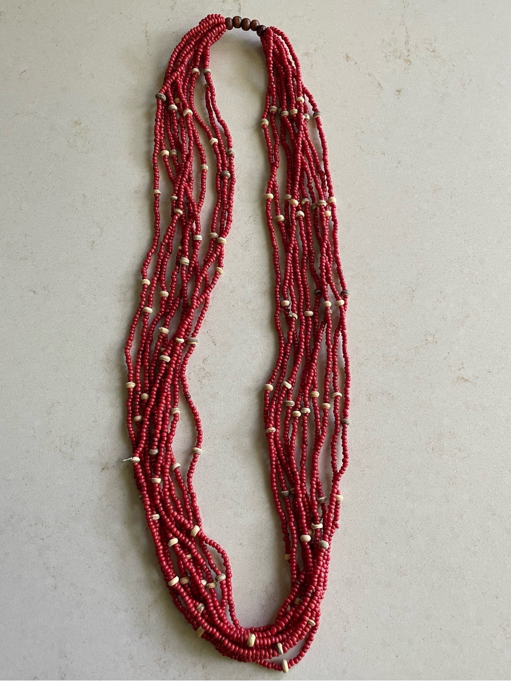 Multi-Strand  Coral Red Seed Bead Necklace with Wood Accents - Women Jewelry